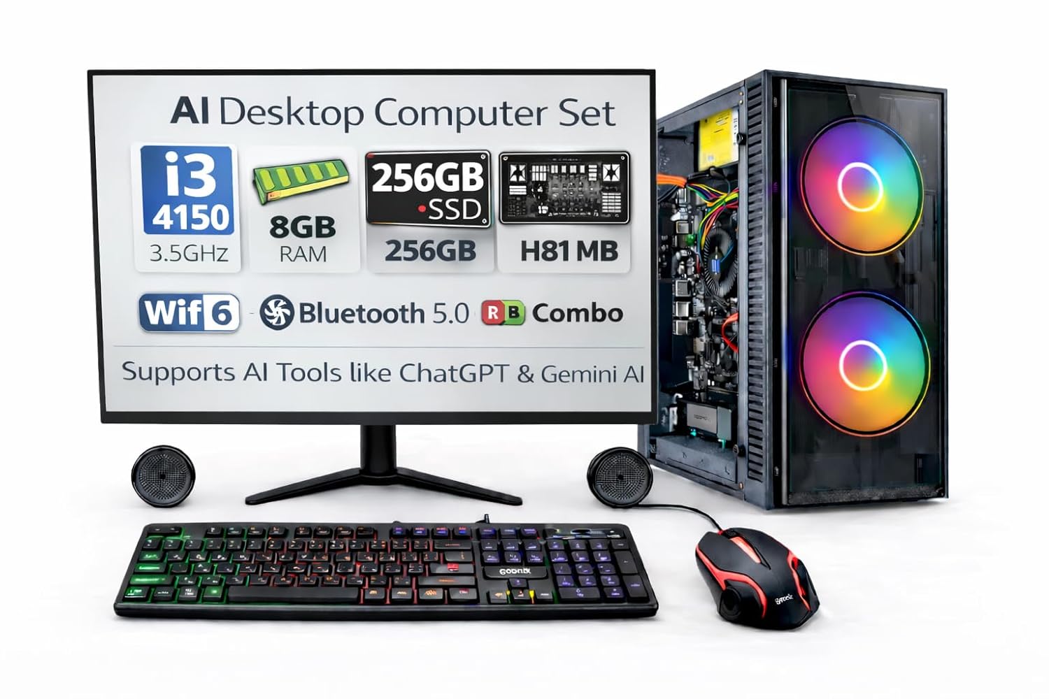 AI Ready Desktop Computer Set with 20 Inch LED Monitor | Intel Core i3-4130, 8GB RAM, 256GB SSD, WiFi 6 & Bluetooth 5.0 | Supports ChatGPT & Gemini AI
