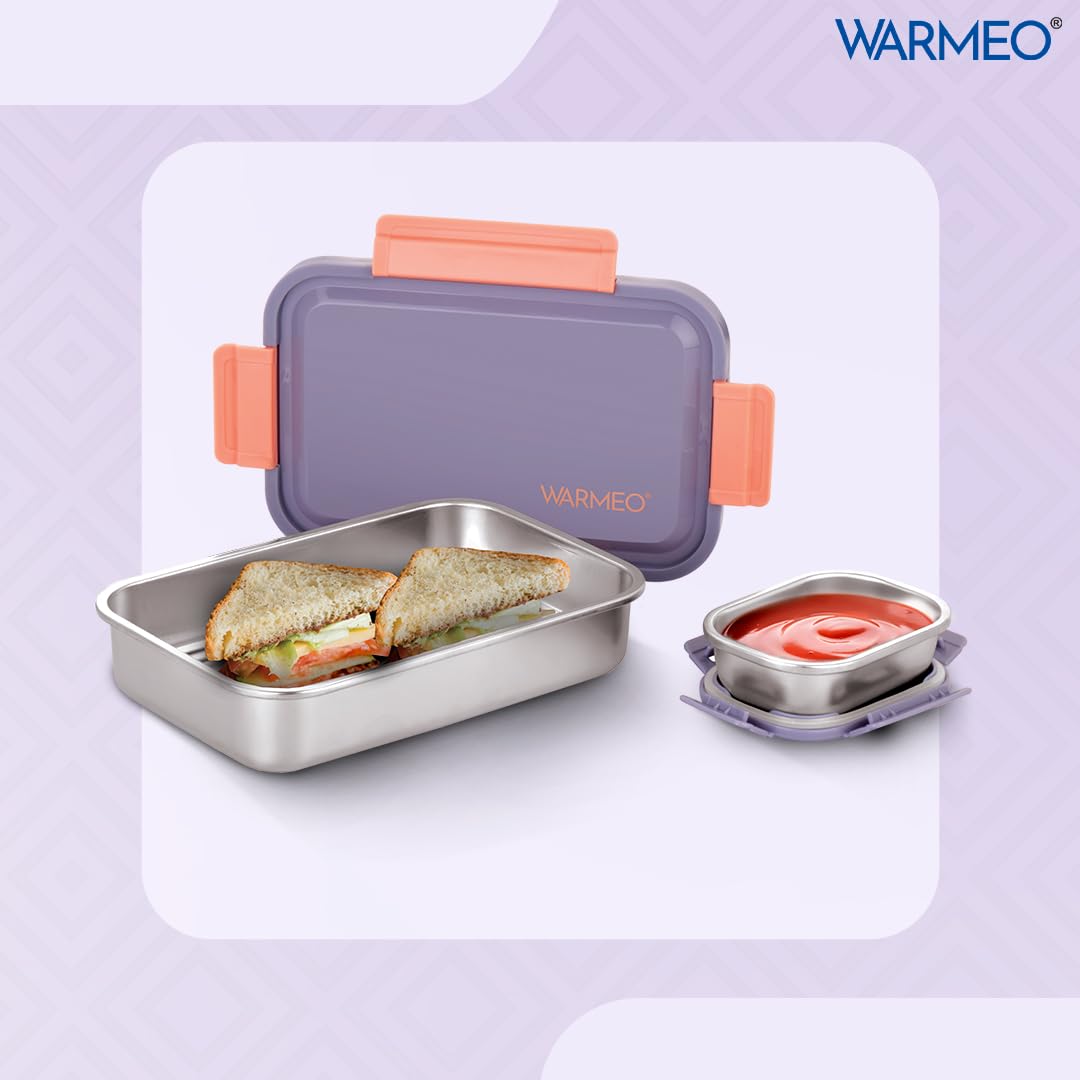 WARMEO Carnival Stainless Steel Airtight Leak-Proof Lunch Box Set of 2 (1000ml + 150ml) – Lightweight & Easy to Clean Tiffin Box for Office, School, Picnic & Travel | Purple & Peach