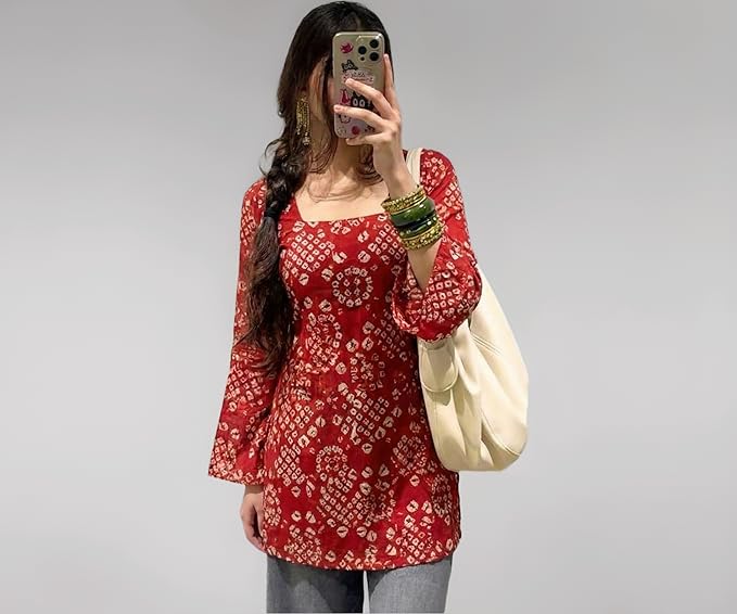 ANNI Designer Women’s Viscose Blend Printed Short Kurti | Straight Fit Square Neck Full Sleeve Ethnic Top for Women | Casual Office College Wear Kurt