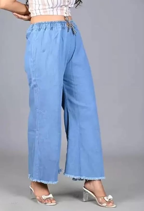 Women’s Denim Cotton Palazzo Pants | Mid Rise Relaxed Fit Wide Leg Jeans Style Trousers for Women | Casual Comfortable Denim Palazzo Wear