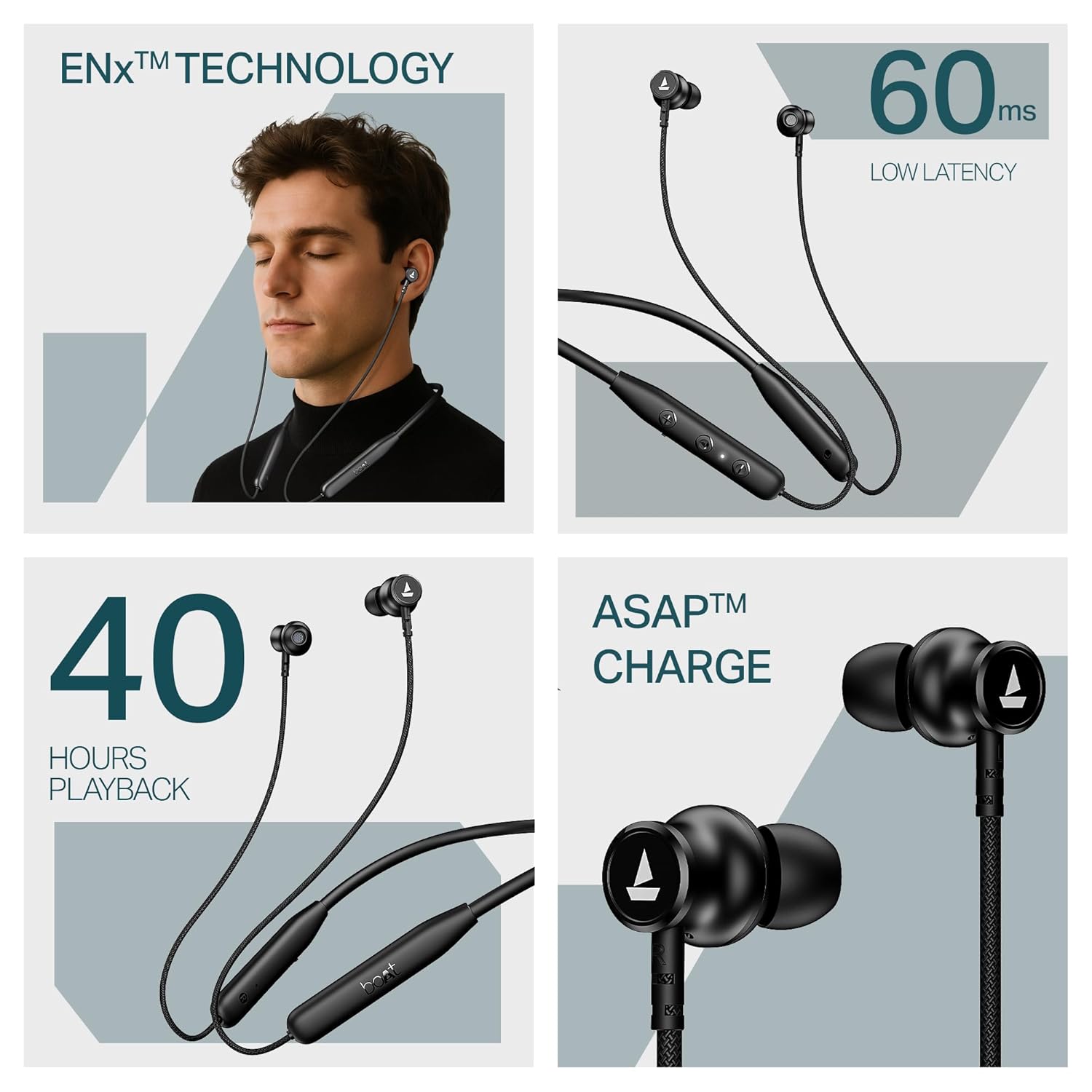 boAt Rockerz 113 Wireless Bluetooth Neckband Earphones with 40H Battery, ENx Tech, Fast Charging, Dual Pairing & Magnetic Earbuds – Active Black