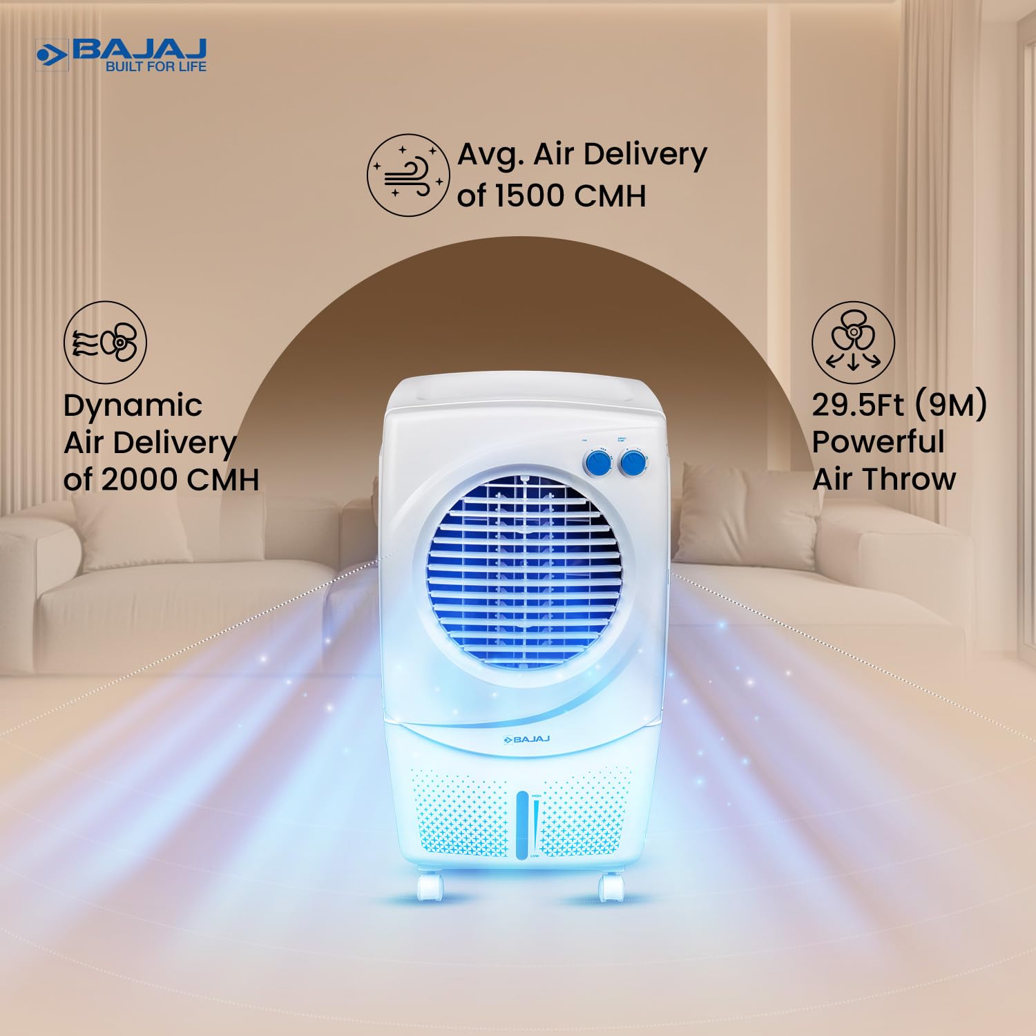 Bajaj PX 97 Torque New 36L Personal Air Cooler with Honeycomb Cooling Pads, 30Ft Air Throw, High-Speed Fan & 3-Speed Control – White