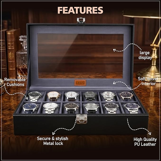 LEDO 12 Slot Watch Box Organizer for Men & Women – Premium PU Leather Watch Storage Case with Black & Gray Finish | Luxury Watch Holder Display Box