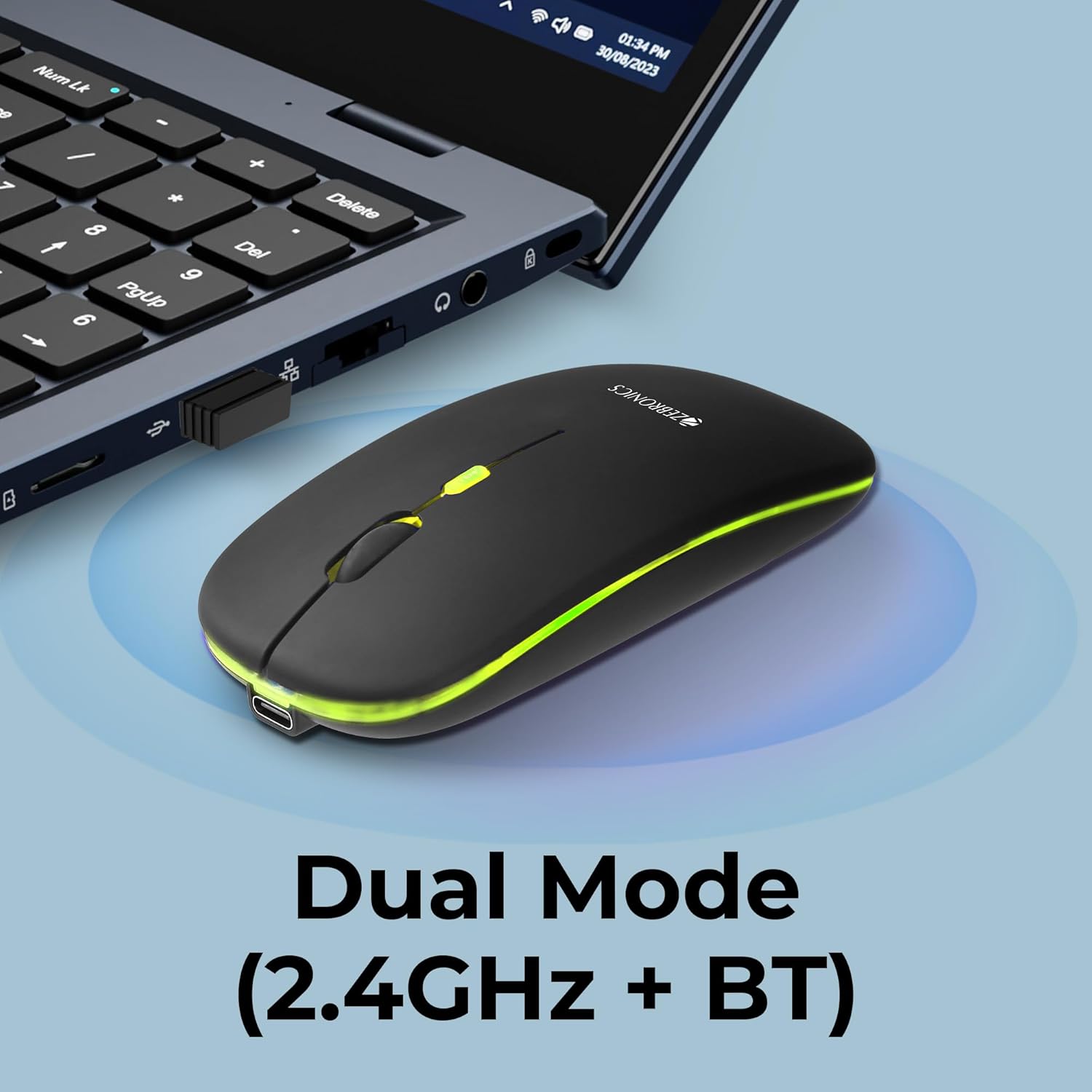 ZEBRONICS Blanc Slim Wireless Mouse with Rechargeable Battery – Bluetooth & 2.4GHz Dual Mode, Silent Click, Adjustable 1600 DPI, Multicolor LED Lights