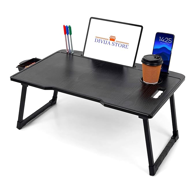 DIVIJA STORE Foldable Laptop Table for Bed with Cup Holder | Portable Wooden Study Table for Home, Office & Breakfast Use | Non-Slip Legs Ergonomic Bed Desk Black