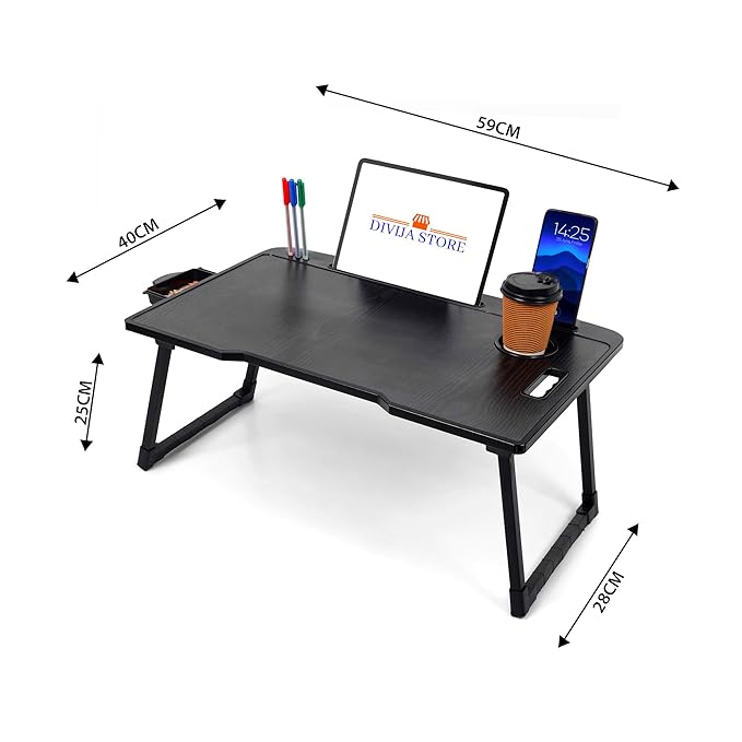 DIVIJA STORE Foldable Laptop Table for Bed with Cup Holder | Portable Wooden Study Table for Home, Office & Breakfast Use | Non-Slip Legs Ergonomic Bed Desk Black