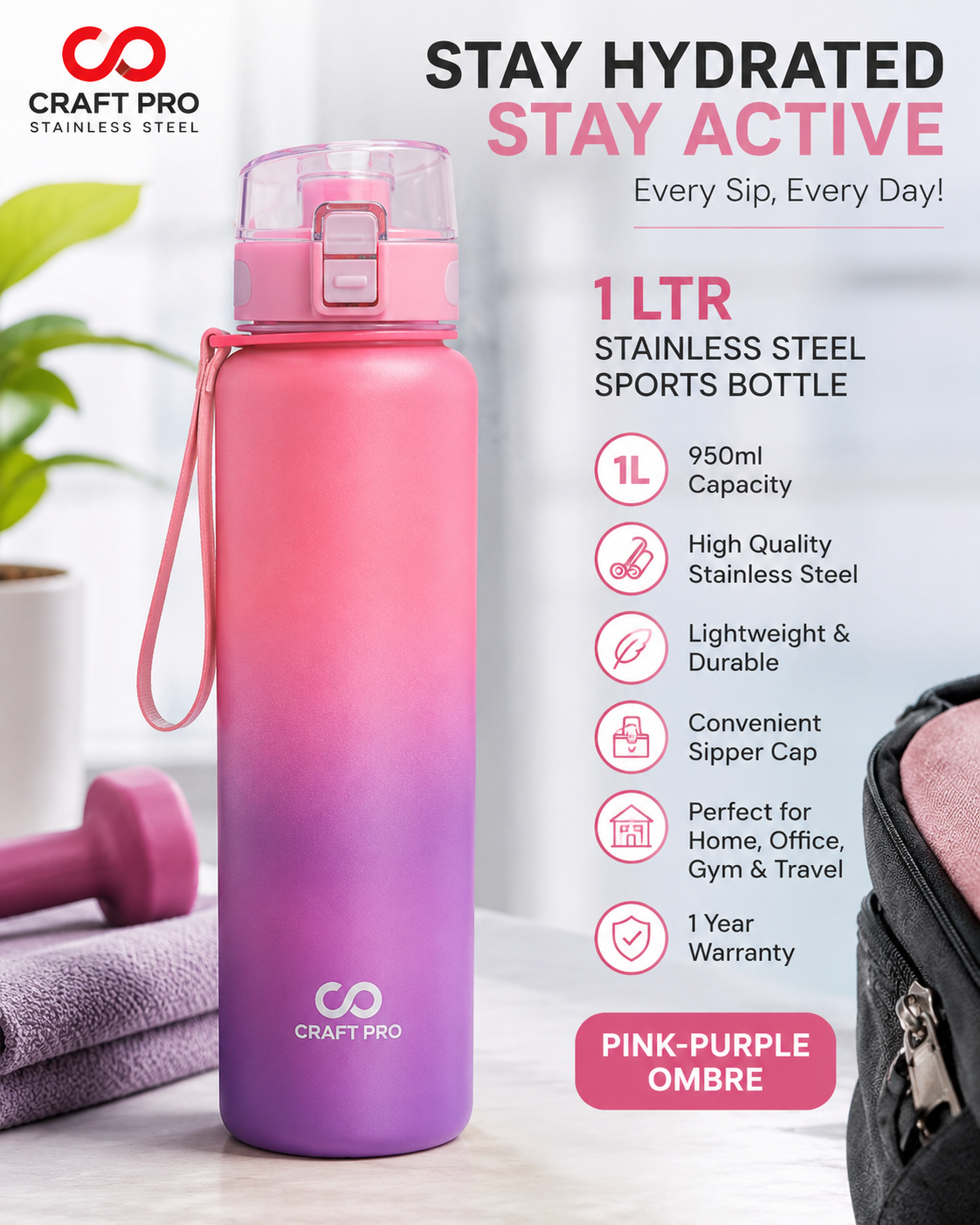 Craft Pro 950ml Stainless Steel Sports Water Bottle Review – Lightweight Single Wall Fridge Bottle with Sipper Cap, 1-Year Warranty, Pink-Purple Ombre