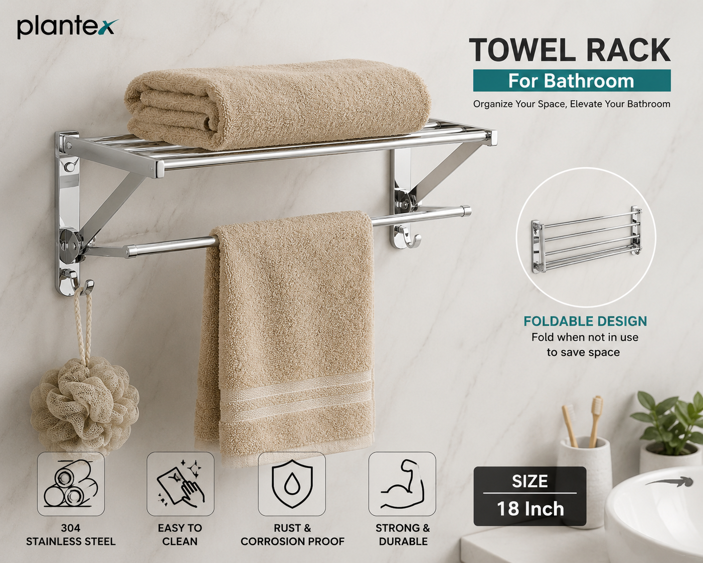 Plantex Stainless Steel Folding Towel Holder Stand for Bathroom – 18 Inch Chrome Finish Wall Mounted Towel Rack & Hanger for Home, Hotel & Washroom