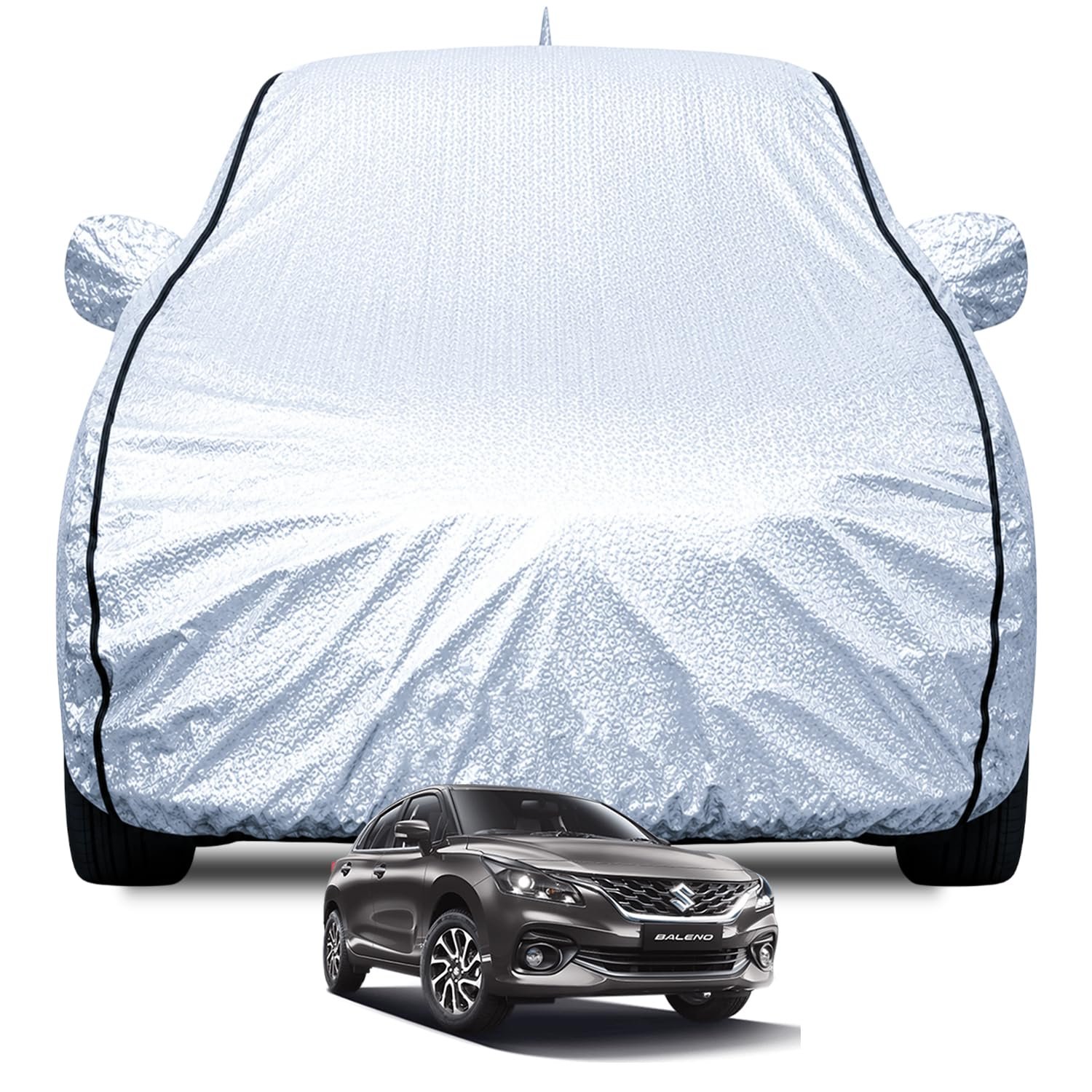 FABTEC Waterproof Car Body Cover for Maruti Baleno | Heat Resistant Triple Stitched Car Cover with Mirror & Antenna Pocket | Soft Cotton Lining | Metallic Silver