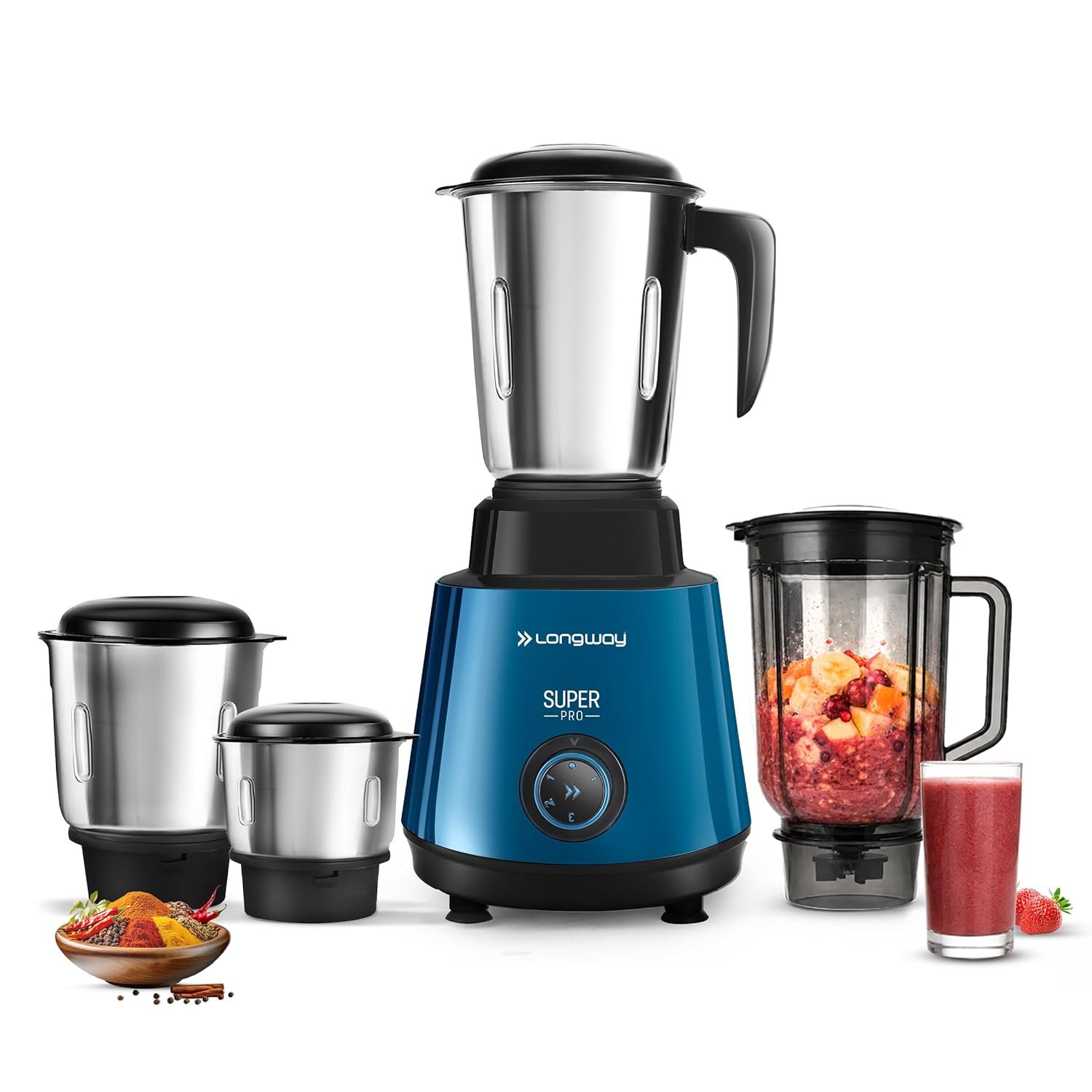 Longway Super Pro 750W Juicer Mixer Grinder with 4 Jars | Powerful Motor for Grinding, Mixing & Juicing | 2-Year Warranty | Blue & Black